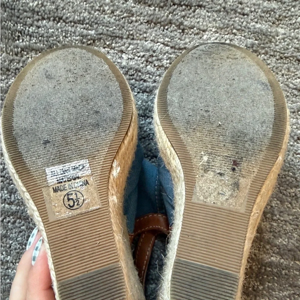 Denim Wedge Soda Women Espadrille Wedge Sandals Blue Ruched Slingback Size 5.5